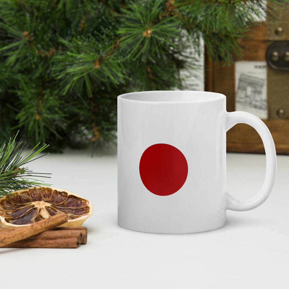 White glossy mug "SUNRISE" with Japanese flag produced by HINOMARU-HONPO