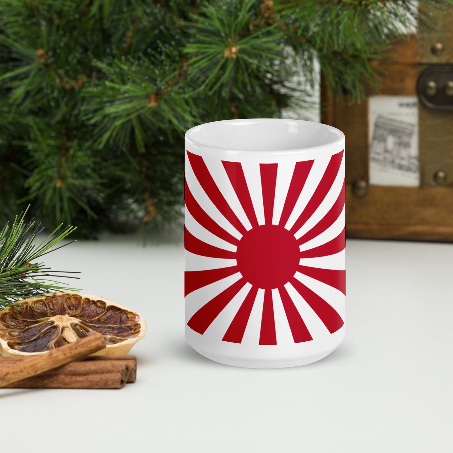 White glossy mug "SUNRISE" produced by HINOMARU-HONPO