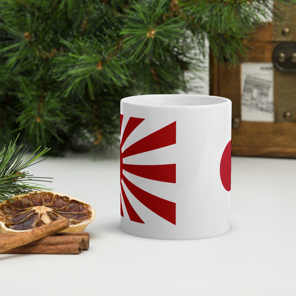 White glossy mug "SUNRISE" with Japanese flag produced by HINOMARU-HONPO