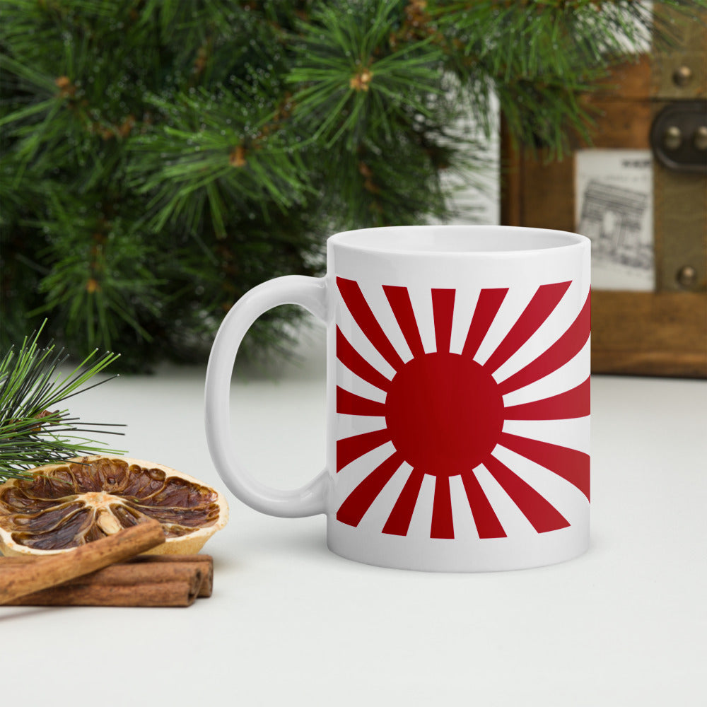 White glossy mug "SUNRISE" with Japanese flag produced by HINOMARU-HONPO