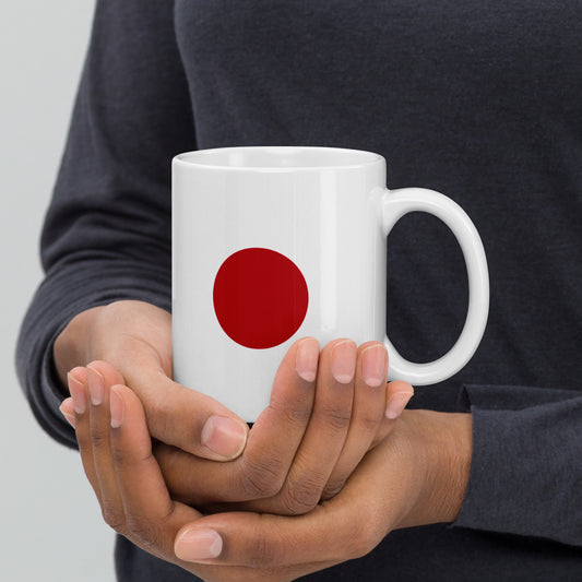 White glossy mug "SUNRISE" with Japanese flag produced by HINOMARU-HONPO