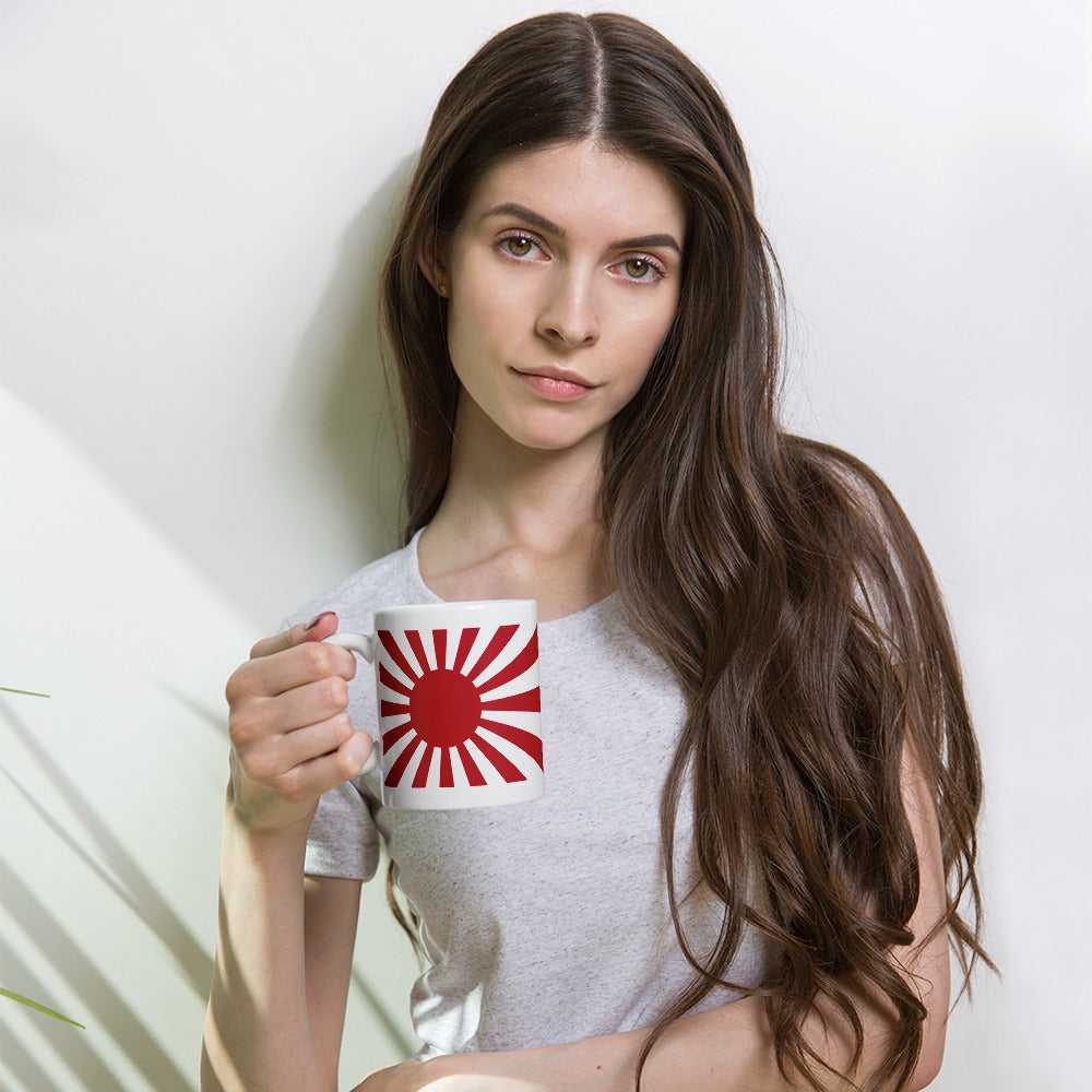 White glossy mug "SUNRISE" with Japanese flag produced by HINOMARU-HONPO