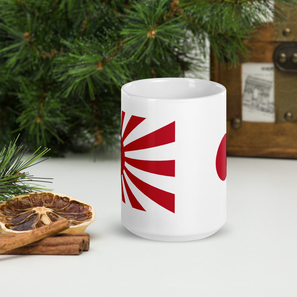 White glossy mug "SUNRISE" with Japanese flag produced by HINOMARU-HONPO