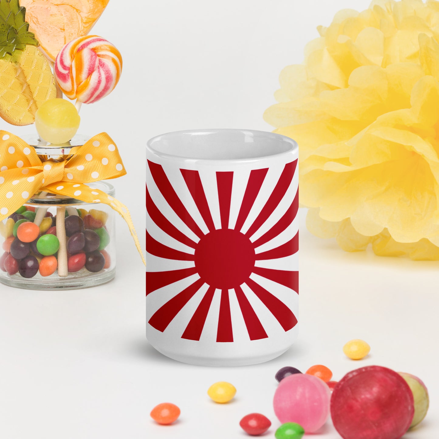 White glossy mug "SUNRISE" produced by HINOMARU-HONPO