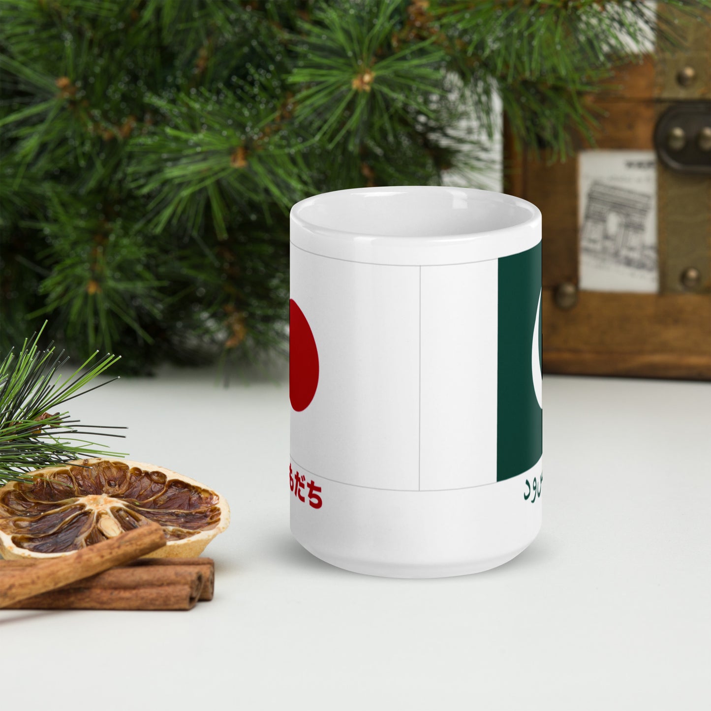 White glossy mug "FRIENDS" for پاکستان & Japan produced by HINOMARU-HONPO