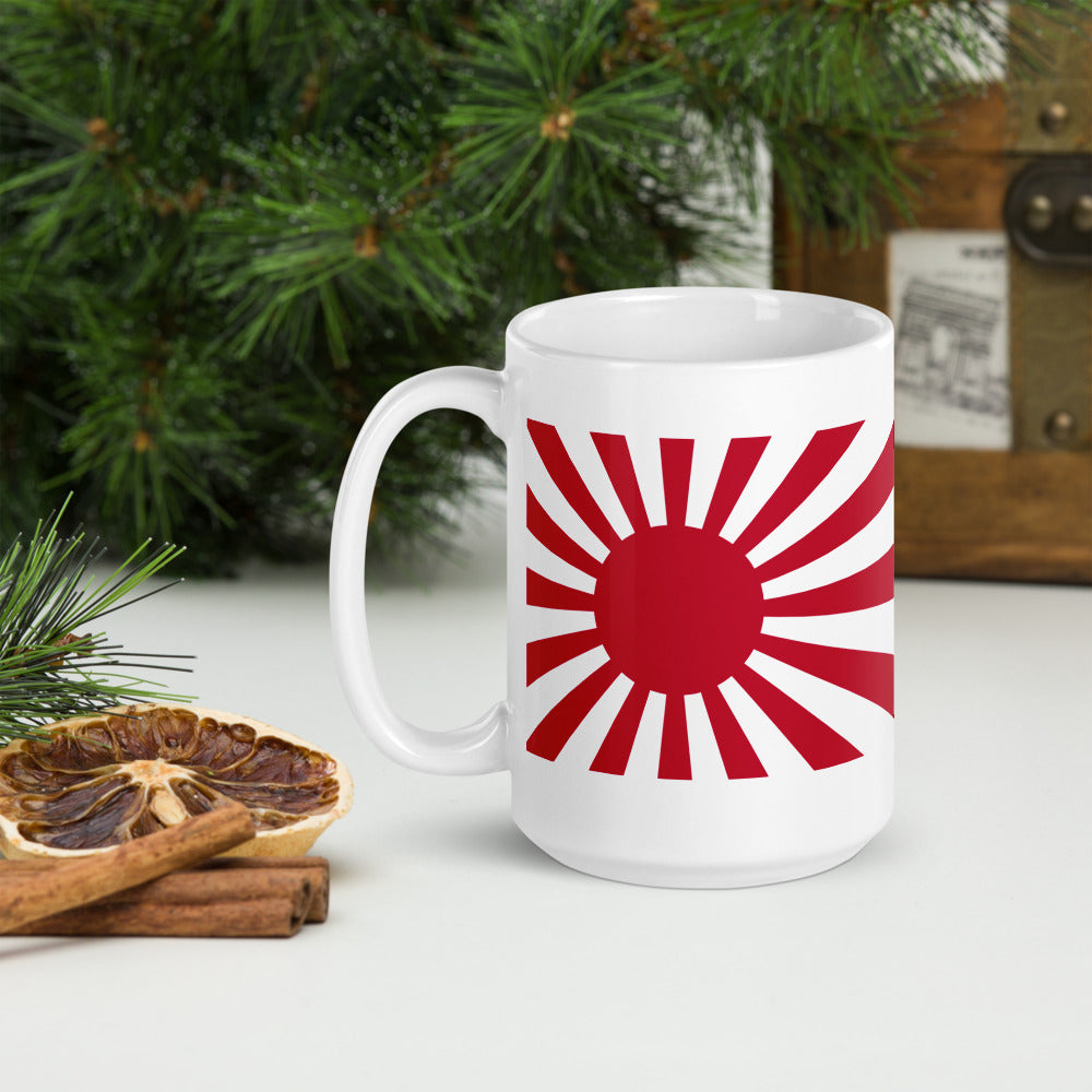 White glossy mug "SUNRISE" with Japanese flag produced by HINOMARU-HONPO