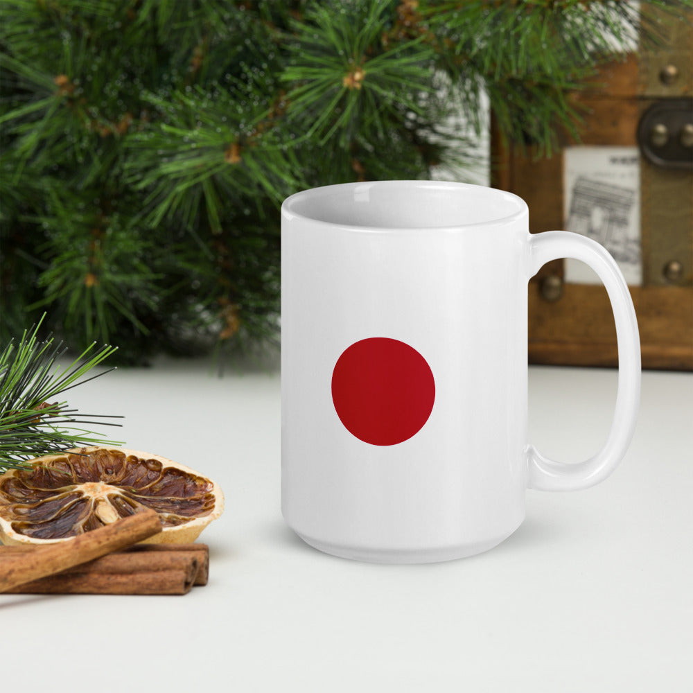 White glossy mug "SUNRISE" with Japanese flag produced by HINOMARU-HONPO